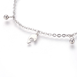 Stainless Steel Color 304 Stainless Steel Charm Anklets, Dolphin and Round, Stainless Steel Color, 9-1/4 inch(23.5cm), 2mm