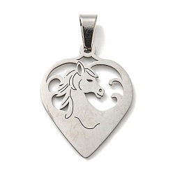 Stainless Steel Color 304 Stainless Steel Pendants, Laser Cut, Heart with Horse Charm, Stainless Steel Color, 26x20x1mm, Hole: 5.5x3mm