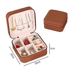 Седло Коричневый Квадратный органайзер для ювелирных изделий из искусственной кожи, коробки на молнии, Портативный дорожный футляр для драгоценностей с бархатным внутри, для сережек, , Кольца, седло коричневый, 10x10x5 см