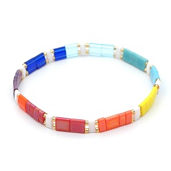 Colorful Bohemian Rainbow Glass Flat Double-Hole Bead Striped Women's Stretch Bracelets for Women, Colorful, 6.89 inch(17.5cm)
