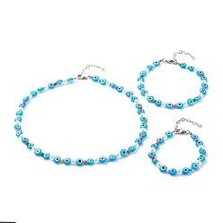 Deep Sky Blue Beaded Necklaces, Bracelet & Anklets Set, with Lampwork & Acrylic & ABS Plastic Beads, 304 Stainless Steel & Brass Findings, Eye, Deep Sky Blue, 185~453mm, 3pcs/set
