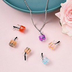 Mixed Color Glass Bottle Pendants, with Resin & Polymer Clay, Plastic and Iron Findings, Juice, Platinum, Mixed Color, 18~23x11~14x11mm, Hole: 1.8mm