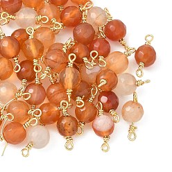 Темно-Оранжевый Крашеный натуральный агат граненые круглые подвески-соединители, с петлями из латунной проволоки, реальный 18 k позолоченный, стойки покрытие, долговечный, темно-оранжевый, 14x6 мм, отверстие : 1.2 мм