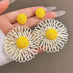 Golden Alloy Woven Stud Dangle Earrings, Flower, Golden, 65x60.5mm