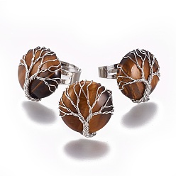 Тигровый глаз Регулируемые натуральные тигровые кольца для пальцев, с латунной фурнитурой платинового цвета, плоско-круглые, Размер 8, 18 мм