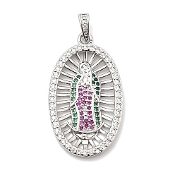 Платина Религия латунь микро проложить цирконий подвески, леди гваделупской чары, овальные с рисунками " virgin mary", красочный, платина, 31.5x17.5x3 мм, отверстие : 2.5x4 мм