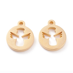 Золотой Ионное покрытие (ip) 304 брелоки из нержавеющей стали, лазерная резка, плоские круглые с ангелом, золотые, 13x11x1.5 мм, отверстие : 1.4 мм