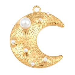 Golden 304 Stainless Steel with Plastic Pearl Pendants, Hammered Moon Charms, Golden, 44.5x38x10mm, Hole: 3mm