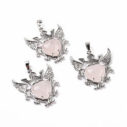 Rose Quartz Natural Rose Quartz Pendants, Eagle with Heart Charms, with Rack Plating Platinum Tone Brass Findings, 36.5x33.3x6~7mm, Hole: 8x5mm