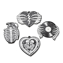 Black Halloween Embossed Single Face Printed Acrylic Pendants, Mixed Shape Skull Charms, Black, 31.5~40.5x28.5~41x2.5mm, Hole: 2mm