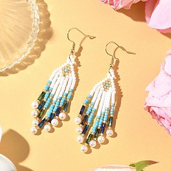 Светло-Синий 304 серьги-стрелы из стеклянных бусин из нержавеющей стали, золотые, с жемчугом из раковины , голубой, 69x20 мм