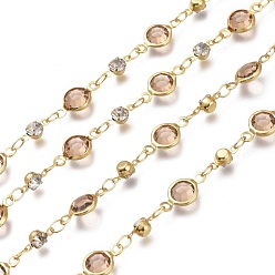 Розово-Коричневый Латунные соединительные цепи ручной работы, С граненым стеклом, горный хрусталь и шпуля, пайки, долговечный, плоско-круглые, золотые, розово-коричневый, стеклянные звенья: 13x6.5x3 мм, горный хрусталь ссылки: 8x4x3.5мм, ссылка: 4.5x2.5x0.4 mm, около 32.8 футов (10 м) / рулон