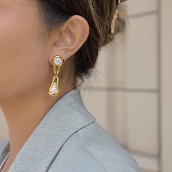 Teardrop 304 Серьги-гвоздики из нержавеющей стали с прозрачными кубическими циркониями, золотые, слеза, 46x14 мм