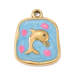 Deep Sky Blue 303 Stainless Steel Enamel Pendants, Rectangl with Dolphin Charms, Ion Plating(IP), Golden, Deep Sky Blue, 26.5x21x3.5mm, Hole: 2.5mm