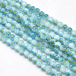 Светло-Голубой Круглые Millefiori стеклянные бусины нити, Небесно-голубой, 6 мм, отверстие : 1 мм, около 67 шт / нитка, 14.7 дюйм