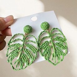Светло-зеленый Серьги-гвоздики из железной рафии, лист, золотой свет, с 316 штифтов из нержавеющей стали, светло-зеленый, 70x45 мм