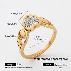 Golden 304 Stainless Steel Rhinestone Finger Rings for Women, Heart, with Enamel, Golden, US Size 9(18.9mm)