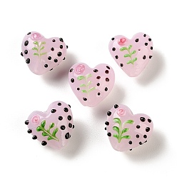 Бледно-Розовый Бусины лэмпворк , Сердце со цветками , розовый жемчуг, 18.5x18x8.5 мм, отверстие : 2.5 мм