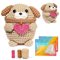 BurlyWood DIY 3D Dog Knitting Kits for Beginners, including Stuffing Cotton, Crochet Hook, Stitch Marker, Craft Eye & Nose, Cored Cotton Thread, Plastic Needle, Hot Melt Glue Stick, Instruction, BurlyWood, 12x11x9cm