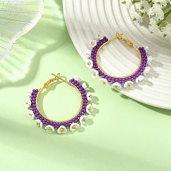 Púrpura Pendientes de aro de cristal, flor, con fornituras de aretes tipo argolla de hierro, púrpura, 39x43x6 mm