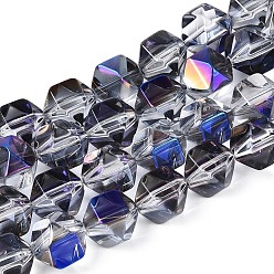 Морской Синий Стеклянные бусины с гальваническим покрытием , многоугольник, граненые, с половиным покрытием, Marine Blue, 11~12x10.5~11x9 мм, отверстие : 0.9~1 мм, около 59~60 шт / нитка, 26.38~26.77'' (67~68 см)