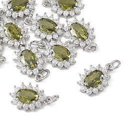 Olive Drab SHEGRACE Brass Micro Pave Cubic Zirconia Pendants, Cadmium Free & Nickel Free & Lead Free, Flower Charms, Platinum, Olive Drab, 12x8x3mm, Jump Ring: 4x1mm, Inner Diameter: 2mm