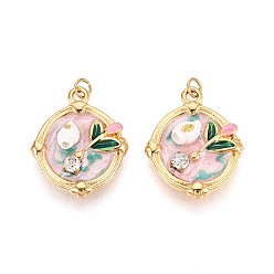 Pink 304 подвески из нержавеющей стали с кристаллами паве и фарфором ручной работы, овальные с цветком, с целью перехода в кольце, ионное покрытие (ip), реальный 18 k позолоченный, розовые, 23x18x5 мм, отверстие : 2.8 мм