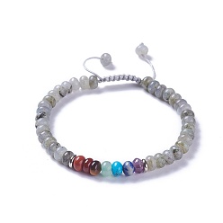 Labradorite Nylon réglable bracelets cordon tressé de perles, avec des perles de labradorite naturelles et des alliages, 2-1/8 pouces ~ 2-1/2 pouces (5.4~6.5 cm)