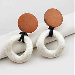 Ring Полые серьги-гвоздики из латуни и дерева, смолы болтаться серьги, серебряные, кольцо, 35x25 мм