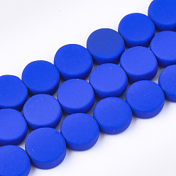 Blue Spray Painted Non-magnetic Synthetic Hematite Beads Strands, Flat Round, Blue, 10x4mm, Hole: 1mm, about 44pcs/strand, 15.7 inch