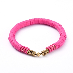 Темно-Розовый Стрейч браслеты, с бисером из полимерной глины хэйси, античные позолоченные бусины из сплава и латунные круглые бусины, темно-розовыми, 2-1/4 дюйм (5.7 см)
