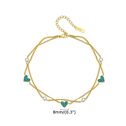 Зеленый Браслеты с подвесками Golden из нержавеющей стали, с кубического циркония, сердце, зелёные, 9-1/8 дюйм (23 см)