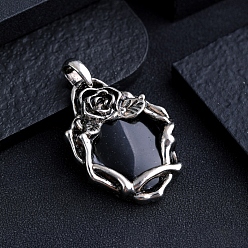 Обсидиан Природные подвески обсидиана, роза цветок матал драгоценные камни шармы, античное серебро, 45x30 мм
