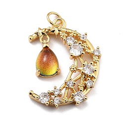 Naranja Oscura Micro latón allanan colgantes cúbicos del zirconia, con cristal de polvo brillante y anillo de salto, larga duración plateado, real 18 k chapado en oro, luna y lágrima, sin plomo y el cadmio, naranja oscuro, 27.5x20x5 mm, anillo de salto: 5x0.7 mm, diámetro interior: 3.6 mm, lágrima: 12x7x5 mm
