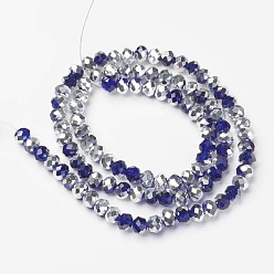 Dark Blue Electroplate Transparent Glass Beads Strands, Half Silver Plated, Faceted, Rondelle, Dark Blue, 10x8mm, Hole: 1mm, about 62pcs/strand, 22.05 inch(56cm)