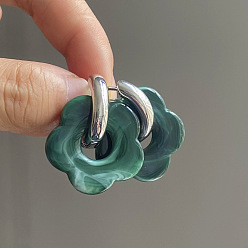 Темно-серый Серьги-кольца из акрила и нержавеющей стали с цветком, золотые, темно-серый, 35 мм