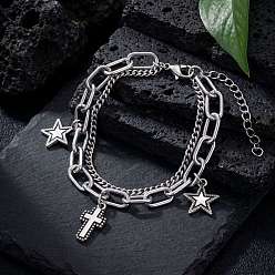 Color de Acero Inoxidable 201 Colgante religioso de cruz y estrella de acero inoxidable 2 Pulseras de hilo para hombres y mujeres, libre de deslustre, color acero inoxidable, 6.69 pulgada (17 cm)