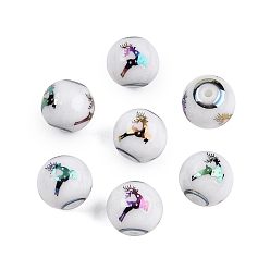 (966) Внутренний цвет Кристалл / Лиловато-лиловый на подкладке Рождественские непрозрачные стеклянные бусины, круглый с гальваническим рисунком лося рождественский олень / олень, с покрытием разноцветным, 10 мм, отверстие : 1.2 мм