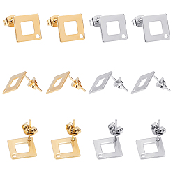 Golden & Stainless Steel Color 40Pcs 2 Colors PVD Vacuum Plating 304 Stainless Steel Stud Earring Findings, Square/Rhombus, Golden & Stainless Steel Color, 13.5x13.5x0.8mm, Hole: 1mm, Pin: 0.7mm, 20pcs/color