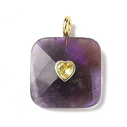 Аметист Граненые подвески из натурального аметиста, Квадратные подвески с латунными фианитами в оправе из кубического циркония, золотые, 33.5~35x25.5x8~8.5 мм, отверстие : 4 мм