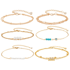 Золотой 6шт 6 стиль сплава спутниковые и панцирные цепи многорядные браслеты набор, с ножным браслетом в виде бабочки из прозрачного стекла, сглаз и синтетические бирюзовые бусы составные браслеты для женщин, золотые, 1 дюйм (6-1/2 см) ~ 16.5 дюйм (8-3/4 см), 22.3 шт / стиль