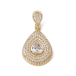 Plaqué 18K Or Véritable Pendentifs en laiton zircon cubique transparent, sans cadmium et sans nickel et sans plomb, crémaillère plaquage, larme, réel 18 k plaqué or, 42x22.5x5mm, Trou: 3.5x7.5mm