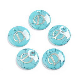 Letter D Synthetic Turquoise Charms, with Plastic Letter, Flat Round, Letter.D, 15x2mm, Hole: 1.5mm