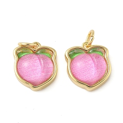 Бледно-Розовый Подвески из латунной смолы, персик прелести, с целью перехода в кольце, без свинца и без кадмия, долговечный, стойки покрытие, реальный 18 k позолоченный, розовый жемчуг, 13x11x6 мм, отверстие : 3.4 мм