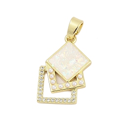 Настоящее золото 18K Латунные микропаве прозрачные подвески с фианитом, квадратный, с синтетическим опалом и искусственным жемчугом из АБС-пластика, долговечный, стойки покрытие, без свинца и без кадмия, реальный 18 k позолоченный, 22.5x15.5x3 мм, отверстие : 3.5x5.5 мм