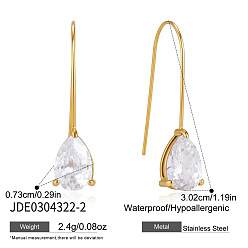 Teardrop 304 Stainless Steel Pave Clear Cubic Zirconia Dangle Earrings, Golden, Teardrop, 30.2mm