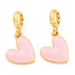Pink Стойка покрытие сплав эмаль сердце европейские подвески с подвесками, Подвески с большими отверстиями, золотые, без кадмия, без никеля и без свинца, розовые, 26 мм, отверстие : 4.8 мм, Сердце: 17x13.5x3 mm
