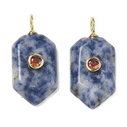 Punto Piedra Azul Colgantes de jaspe azul natural, con micro latón allanan circonio cúbico, encanto hexagonal, facetados, chapado en rack, larga duración plateado, sin plomo y el cadmio, real 18 k chapado en oro, 32x15x6.5 mm, agujero: 4 mm