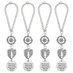 Antique Silver & Platinum 4Pcs Alloy Car Pendant Decorations, Flat Round with Word & Heart Wing & Compass, Antique Silver & Platinum, 179mm