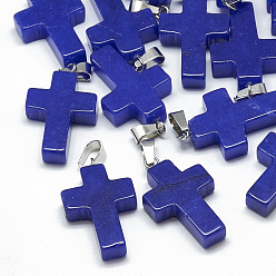 Белый Нефрит Крашеные натуральный белый нефрит подвески, с защелкой из нержавеющей стали на поручнях, крестик, 29~30x18~19x5~6 мм, отверстие : 6x4 мм